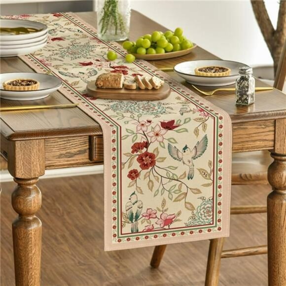 Spring floral table runner with brown birds and blossom print dining room decor - Picture 3 of 7